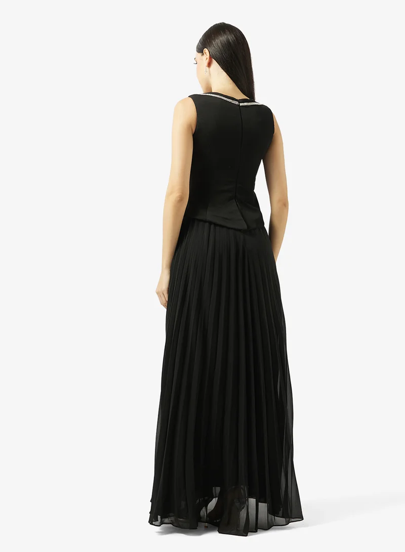 Akadia Fashion CRYSTAL DETAIL PLISSE CHIFFON DRESS